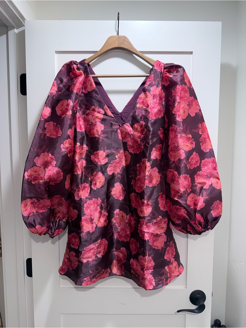 Anthropologie Plum Blouse with Pink Floral Print